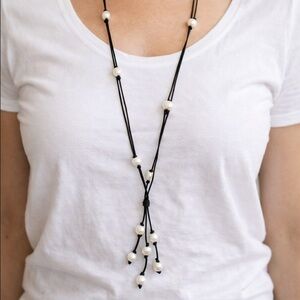 Black Leather & NaturalPearl Lariat Necklace | 43” Long | Minimal Boho Chic